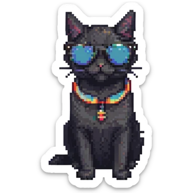 Make the cat black while keeping the sunglasses, in pixel art style with no background. sticker