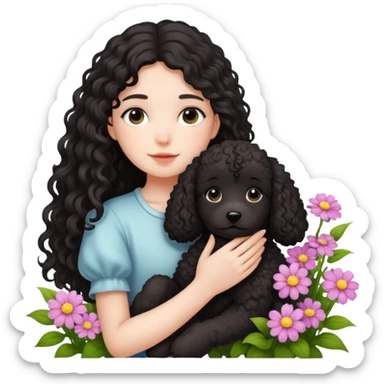 A long-haired girl is holding a black curly-haired teddy dog ​​in the flowers sticker