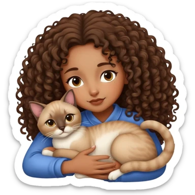 brown skin curly hair girl snuggling siamese cat sticker
