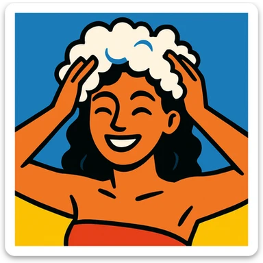 woman with shampoo foam in hair, smiling, minimal background, vibrant colors sticker