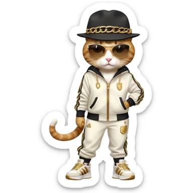 female cat dressed like Run DMC, tracksuit, fedora, gold chains, Adidas shoes, dark sunglasses, upright pose sticker