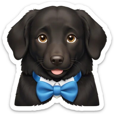 Black, flat-coated retriever, smooth fur with subtly fluffy ears, smiling face, blue bow tie collar, brown eyes  sticker