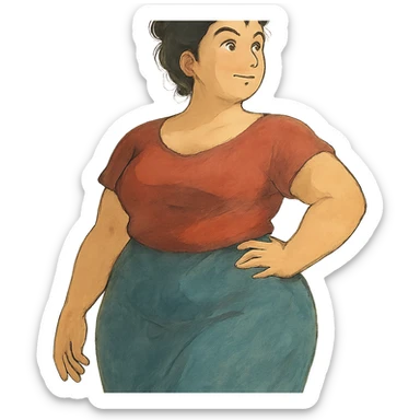 ghibli style soft and artistic illustration of a confident woman with a curvy figure sticker