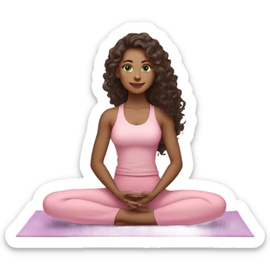 Dark brown long curly hair and green eyes yoga beautiful young woman in light pink pink pink clothes sitting on a yoga mat sticker