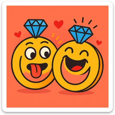 pair of wedding rings with faces, one making a silly face and the other laughing, fun and lighthearted for wedding celebrations sticker