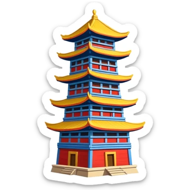 Dong minority drum tower wooden building, simplified emoji style with bold outlines and bright colors, cartoon style traditional wooden tower sticker