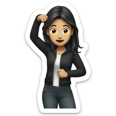 woman with dark hair dabbing to left sticker