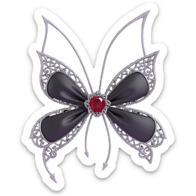 gothic bow, black satin, silver filigree, deep red gemstone, dramatic and ornate sticker