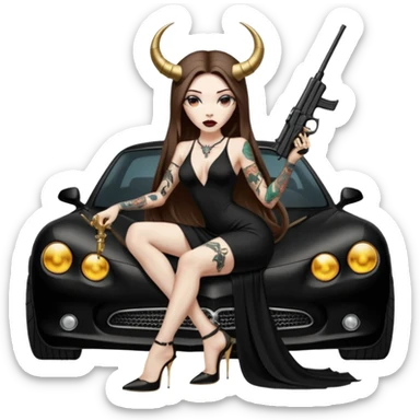 Sensual woman long brown straight haired sexy drug lord woman with tattoos on arm sleeves and black thick butt platform high heels on her feet, and devil black horns on her head, she is holding a skull head and a gun. Sitting on gold car full of gold , long black dress with sexy slit sticker