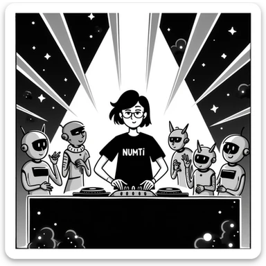 vibrant robot party scene with humanoid robot DJ in a black t-shirt with glowing 'NUMTI' text, DJ booth surrounded by neon lights, lasers, and smoke, metallic robots dancing and holographic displays creating an immersive, creative atmosphere sticker