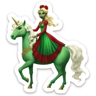 "galora green blonde alien woman" in red Victorian elegant dress, full body, rides unicorn gold and white
 sticker