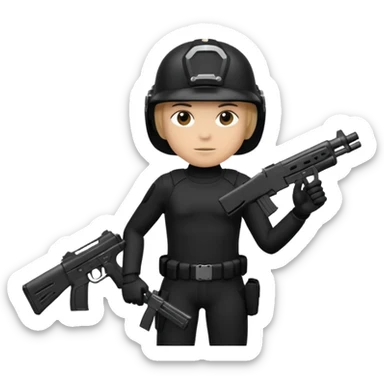 create a emoji of a rookie holding a gun and wearing a helmet, make its outfit black and the figure like a shadow . make sure no color is used. sticker