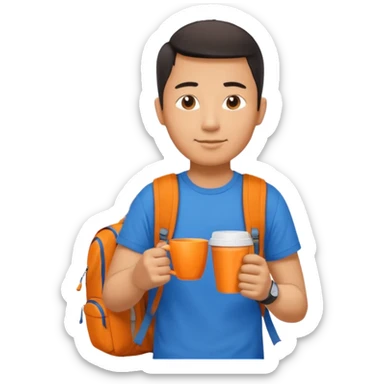 an asian man in blue t-shirt with orange cup of coffee and backpack on the back. Eiffel tower on the background. shoulder length picture sticker