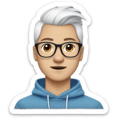 A young guy long white hair pulled back into a ponytail and white skin and black-framed glasses and nose piercing wearing blue hoodie and a Shiba Inu dog next to him sticker