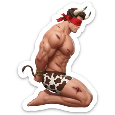 handsome extra large muscular man covered with scars with large breasts with bull horns and cow ears and bull tail with red blindfold dressed in thongs with brown cow print sits on his knees with hands tied behind the bback side view sticker