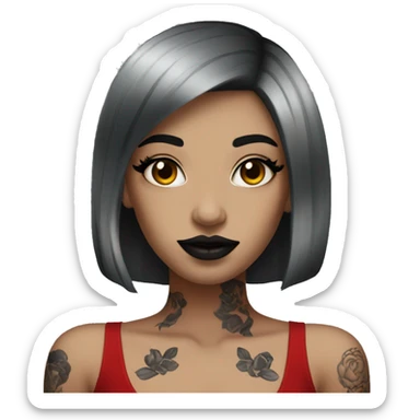 Pale black haired girl with black tattoos on body wearing red lipstick  sticker