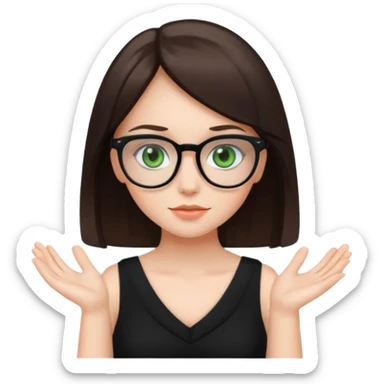 a cute white brunette girl with green eyes in a black dress wearing glasses  with two hands  sticker