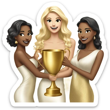 Seven beautiful and stylish blonde and Latina models celebrating with 1 huge gold trophy sticker