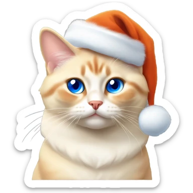 chubby fat, flame point Siamese, short fur, with white fur with orange accents, and blue eyes, smiling, wearing a red santa hat  sticker