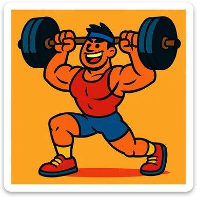A muscular cartoon character lifting weights, dynamic and colorful sticker