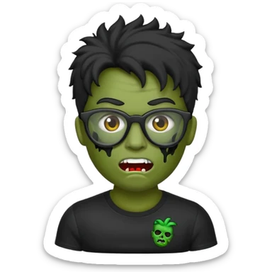 Crie um zumbi estilo emoji do iPhone com cabelo ondulado grande preto com camiseta preta e óculos de grau preto sticker