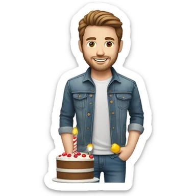 White man brown hair jeans jacket with birthday cake sticker