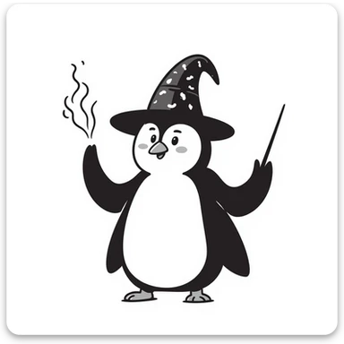hand-drawn penguin with wizard hat and wand casting magic sticker