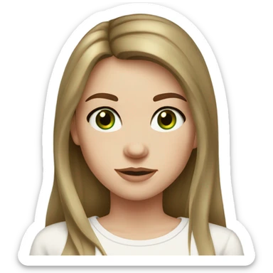 white girl. long brown hair with curtain bangs. freckles. long sleeve plain white shirt. gold necklace. dark green eyes. white shirt. sticker