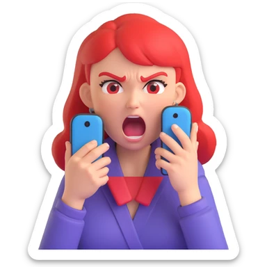girl with an angry face shouting at her phone, dramatic, hands gripping device sticker