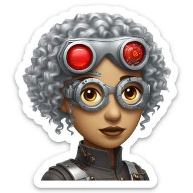 Silver curly hair female cyborg head with red steampunk goggles and circuits sticker