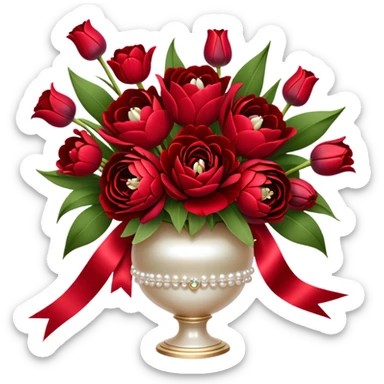 "A luxurious bouquet featuring deep red roses, vibrant red tulips, lush red peonies, and delicate red pansies, all tied together with elegant pearl-colored silk ribbons, arranged in a stunning crimson glass vase, set against a softly lit background."
 sticker