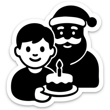 An Asian boy holding a small cake with a candle, Santa Claus in the background sticker