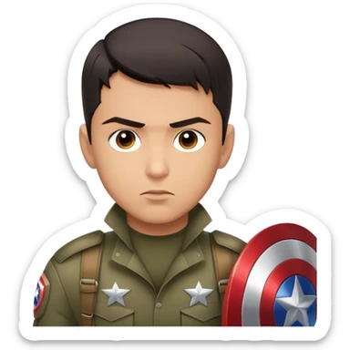 A young, confident Latino actor with short, dark hair, dressed in a modern military-style outfit. He has a determined expression on his face, with the Captain America shield subtly reflected in his eyes. The scene takes place in a gritty urban environment with a touch of superhero flair. sticker