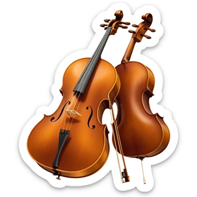 Create a refined and detailed emoji representing a Cremona cello with a bow. The design should feature the smooth, polished wooden body of the cello with a deep, rich tone color. The strings and tuning pegs should be visible, emphasizing the instrument's fine craftsmanship. Add a delicate bow placed gently across the strings, with intricate detailing on the hair and frog. Include subtle musical notes around the cello to evoke the graceful, classical sound. Use warm wood tones and accents like gold and silver for a professional, elegant look. The background should be transparent. sticker