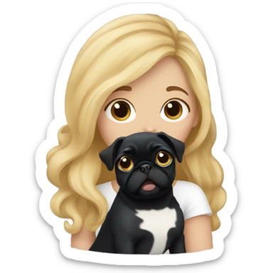 Girl with wavy blonde hair kissing a black pug sticker