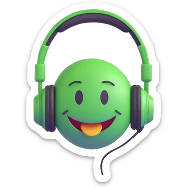 3D smiley emoji, round shape, green color, with text 'csak a zene', wearing headphones, happy face sticker