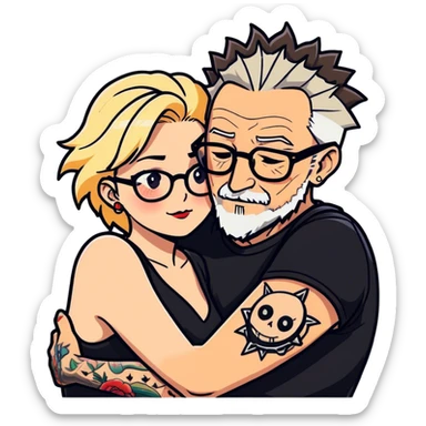 A couple in love, older man man had short spiky salt and pepper hair and a short stubbly beard and no glasses he has tattoo sleeves. The lady is younger, blonde long hair and curvy  cleavage and wears glasses and makeup sticker