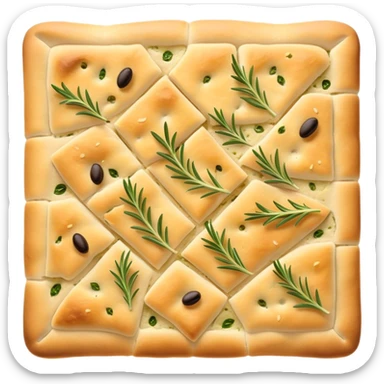 Focaccia Cinematic Realistic Focaccia Bread Dish Emoji, depicted as a golden, olive-oil brushed flatbread sprinkled with herbs, rendered with lifelike textures and warm, inviting lighting. sticker