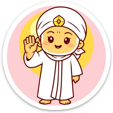 Sai Baba of Shirdi in emoji format, peaceful expression, white robe and headscarf, golden halo, round face, minimal and symbolic, right hand raised in blessing with two fingers up, pastel background, clean vector, glowing eyes, spiritual, sticker style sticker