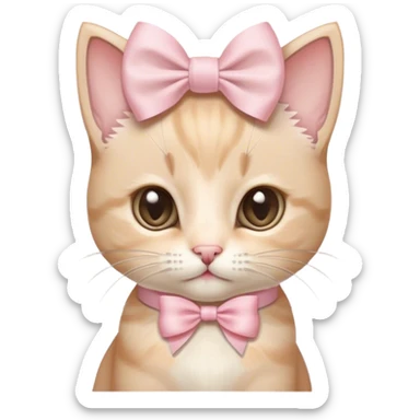 a very small beige kitten with a slightly white muzzle and a large light pink bow on its head, a purebred kitten with a large head sticker