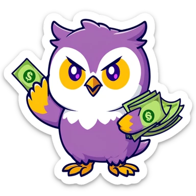 wealth luck symbolizing owl character, large green eyes, golden feathers, holding a money pouch in its feet, pastel tones, sticker style, rounder and cuter sticker