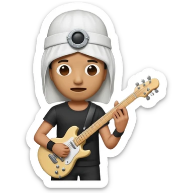 A quirky emoji-style character of a guitarist wearing a white bucket on his head, with two eye holes, a blank expression, and a small theatrical mask on the bucket. He’s holding an electric guitar, dressed in a simple black outfit, giving off a mysterious but playful rock legend vibe. sticker