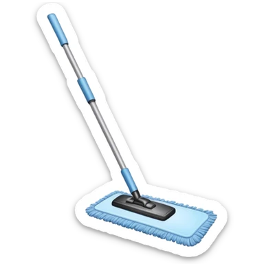 A household floor mop with a handle and cleaning pad sticker