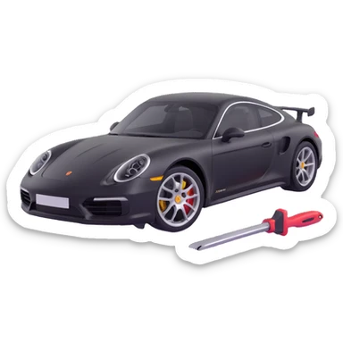 Porsche luxury car with a visible dent from a crash, dent repair tools like a lever and small hammer, elegant and modern sticker