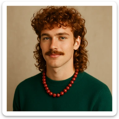 curly red-haired man with a mullet and mustache, green sweater, red necklace, attractive and fashionable sticker