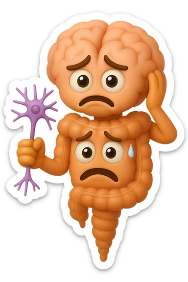 EMOJI STILE IPHONE DI UN INTESTINO collegato verticalmente ad un cervello mentre tiene in mano un neurone, espressione stressata, IPERREALISTICO 4K sticker