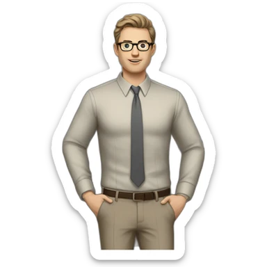 Full height Gesticulating Pale skinned fit man with dark brown hair in gray jacket, beige office shirt, brown tie, brown pants and vintage glasses. sticker