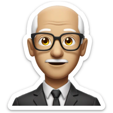 mid age man with paste square glasses, bald with white hair on sides of his gead, big ears and expression lines on bouth sides of mouth, tilted head to the side sticker