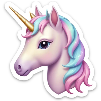 Cinematic Noble Unicorn Pony Portrait Emoji, Poised and graceful, with a delicate, miniature equine build adorned with a soft, pastel color, a tiny, shimmering horn and a silky mane that hints at magical charm, Simplified yet sharp and sophisticated features, highly detailed, glowing with a soft, enchanted glow, high shine, intelligent and spirited, stylized with an air of fairy-tale elegance, focused and poised, soft glowing outline, capturing the essence of a watchful and confident unicorn pony that appears ready to trot out of the screen with graceful magic! sticker