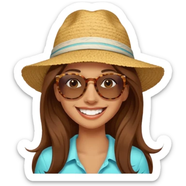 woman with long brown hair on vacation, happy and smilling with theeth and a hat sticker